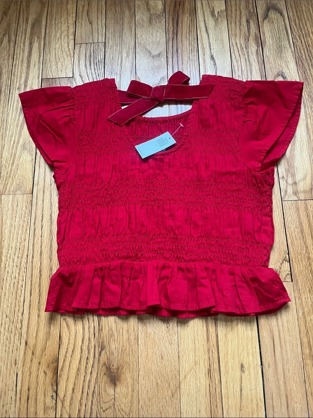 Old Navy Red Smocked Top with Pink & Black Patterned Wide-Leg Pants